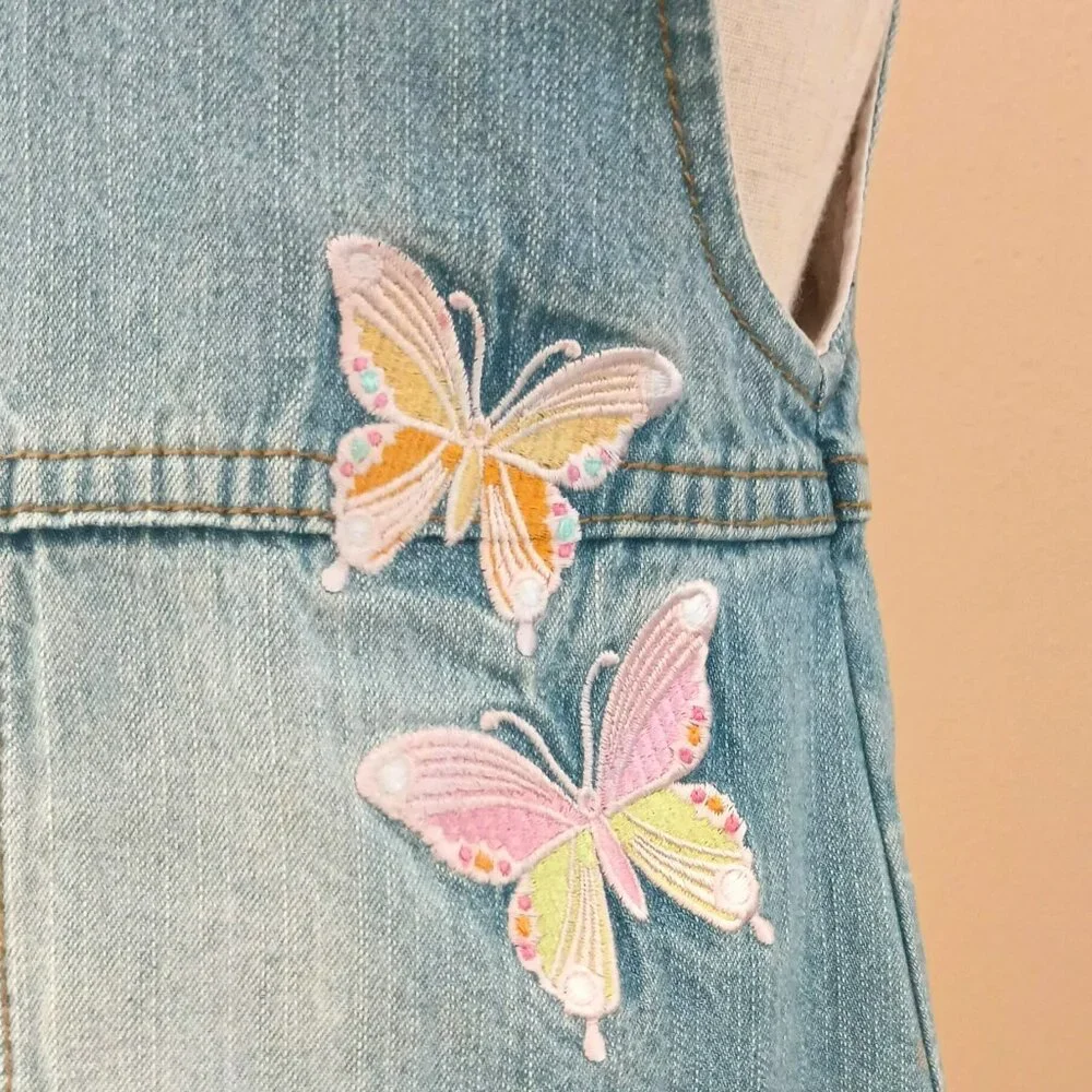 Embroidered Denim Overall Dress 9-12M Pink Ruffle Hem and Butterflies Pockets